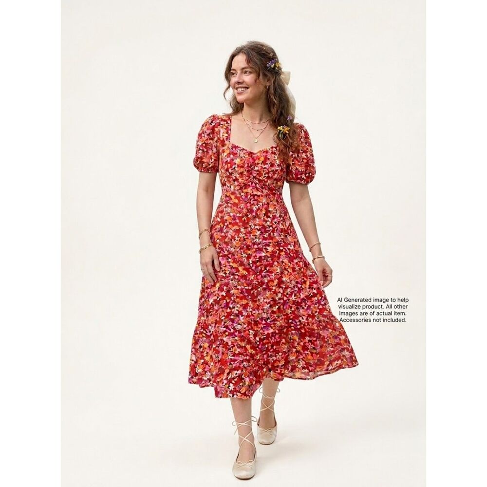 Sanctuary Red Floral Puff Sleeve Midi Dress Size 4 Cottagecore Garden Party